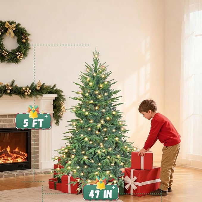 5ft Prelit Artificial Christmas Tree with 1528 PE PVC Tips, Premium Pre-Lit Holiday Xmas Tree with 200 UL Incandescent Lights, Metal Hinges & Foldable Base for Home Office Party, Green