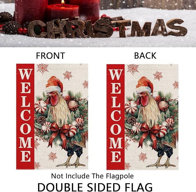 Christmas Garden Flag Welcome Xmas Chicken Winter Holiday Decorations Burlap Vertical Double Sided Farmhouse Yard Lawn Outdoor Decor 12.5 x 18 Inch