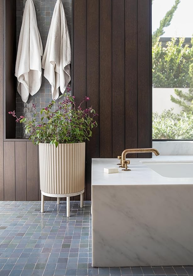 Veradek Demi Series Round Planter w/Stand for Porch/Patio | Durable Plastic-Stone Composite & Wooden Stand | Modern Décor for Tall Plants, Flowers