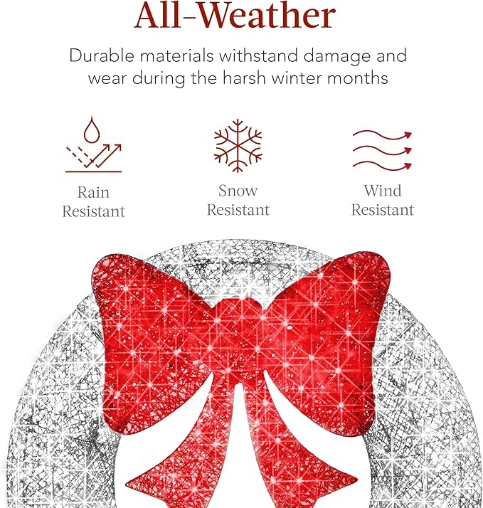 Best Choice Products 60in Pre-Lit Outdoor Christmas Wreath Decoration, LED Metal Holiday Decor for Home Exterior, Garden w/ 206 Lights, Bow - Silver/Red
