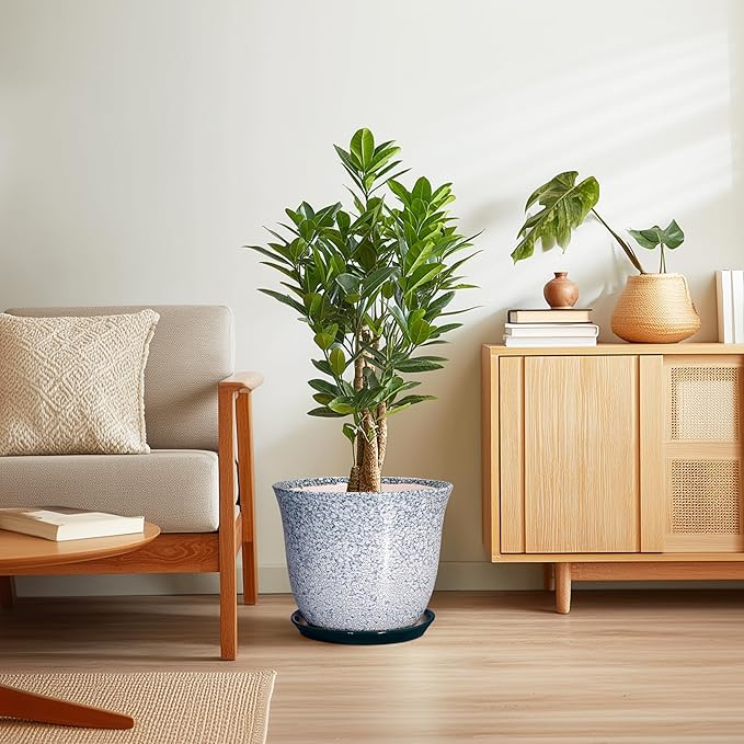 12 Inch Pot for Plants- Ceramic Planter Indoor Outdoor, Round Large Plant Pots with Drainage Hole and Saucer, Decorative Flower Pots, Modern Planter, Garden Decor, Plant Lovers Gifts, Green