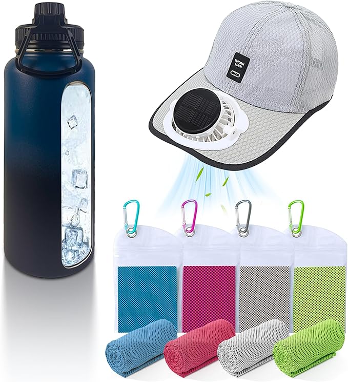 3-Piece Cooling Set, Include Solar Powered Fan Hat, Insulated Water Bottle, Instant Cooling Towels, Perfect for Hiking, Amusement Part, Sport Events, and Outdoor Working Gray