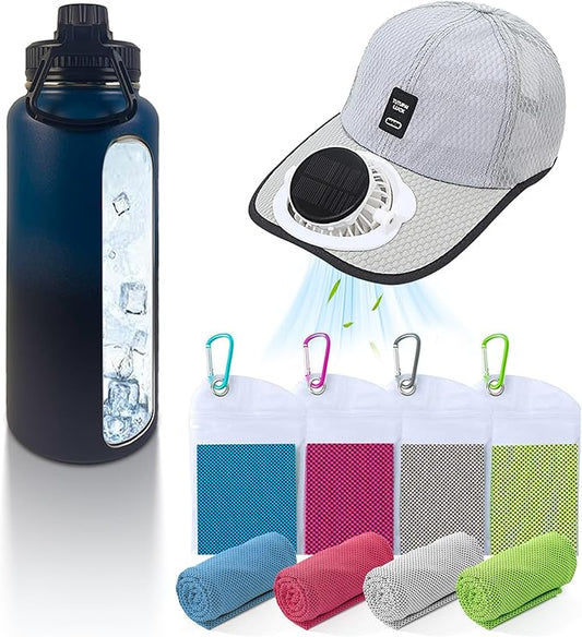 3-Piece Cooling Set, Include Solar Powered Fan Hat, Insulated Water Bottle, Instant Cooling Towels, Perfect for Hiking, Amusement Part, Sport Events, and Outdoor Working Gray