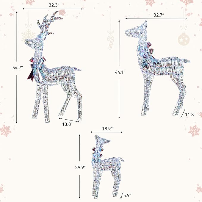 3-Piece Iridescent Christmas Deer Outdoor Decorations, 4.5ft Reindeer Family Set Outdoor Lighted Display with 350 LEDs, 2025 Upgraded Rattan, Stakes & Zip Ties for Long-Lasting Yard Garden Decor