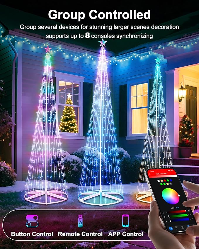Brightown Smart Christmas Cone Tree LED Light, 12FT 443 LED Music Sync with Remote APP and Local Control, Pattern and Text Displayable, 16 Million Colors Light Show Tree for Indoor Outdoor Decorations