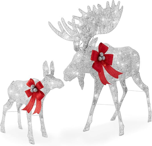 Best Choice Products 2-Piece Moose Family, Lighted Outdoor All-Weather Christmas Yard Decoration Light-Up Décor Set w/ 170 LED Lights, Ground Stakes, Zip Ties - Silver