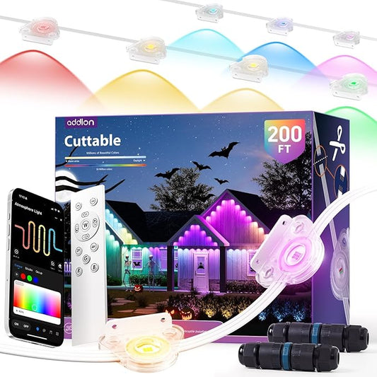 addlon 200FT Permanent Outdoor Lights, Cuttable & Extendable Smart RGB+IC LED Lights for House & Outdoor, App & Remote Control, IP67 Waterproof for Christmas, Holiday, Party, Halloween Decorations