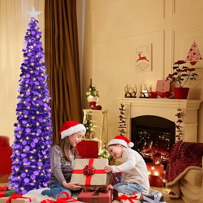 HMASYO 6 FT Pop Up Christmas Tree with 100 LED Lights & Remote, Purple Christmas Tinsel Tree, Collapsible Artificial Pencil Tree for Home Office Party Decor, USB Powered Timer Lights, Easy Assembly