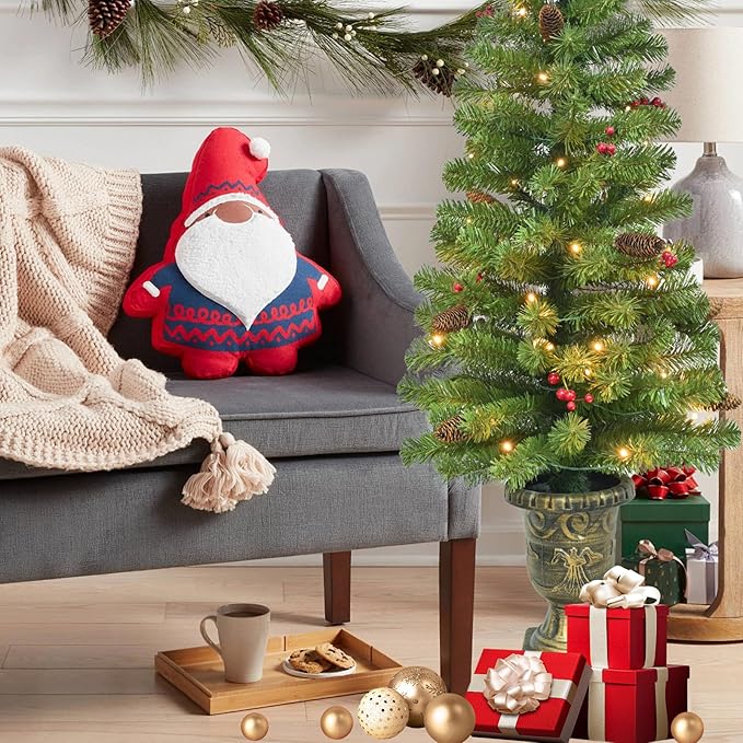 4FT Artificial Potted Christmas Tree with Lights, Pre-lit Mini Christmas Tree with 50 LED Lights, Small Fake Spruce Tree with 140 Branch Tips, Pine Cones&Red Berries, Battery Operated