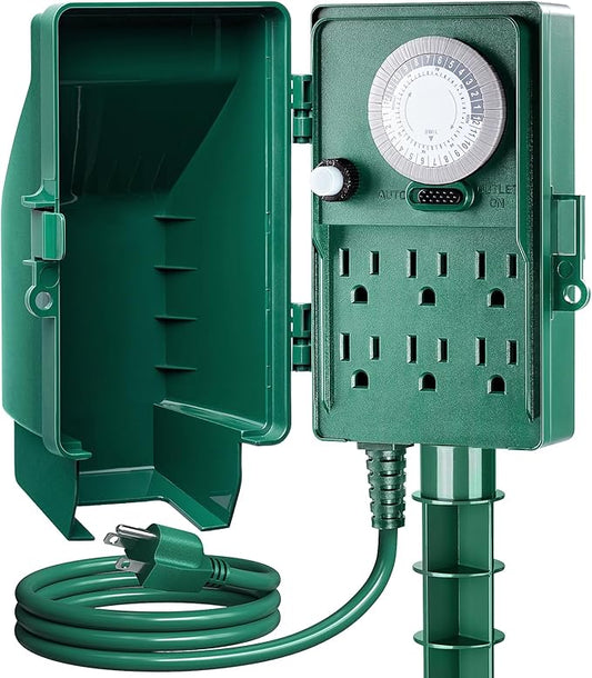 SURAIELEC Outdoor Power Stake Timer, 24-Hour Mechanical Light Timer, Electrical Power Strip Weatherproof, 6FT Extension Cord Multiple Outlet Plug for Patio Lights, Christmas Decorations, ETL Listed