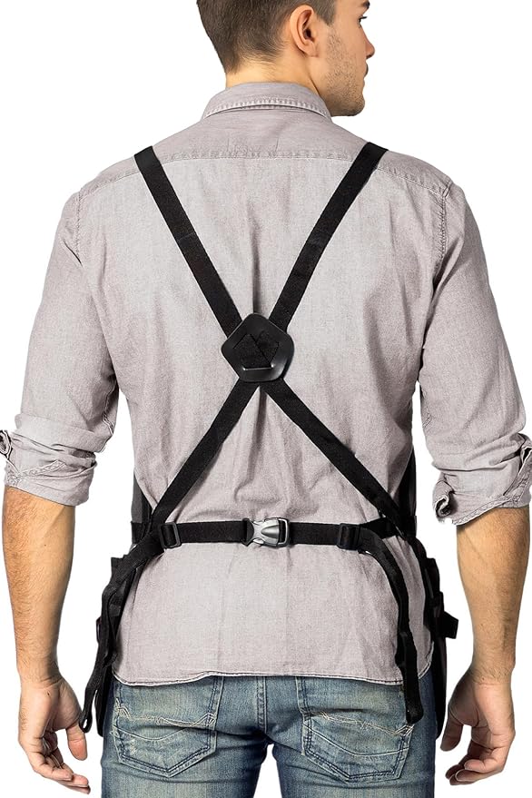 Under NY Sky Tool Apron - 20 Pockets and Slots, Cross-Back, Heavy-Duty Waxed Canvas - Woodwork, Garden, Shop (Grey Cross-Back)