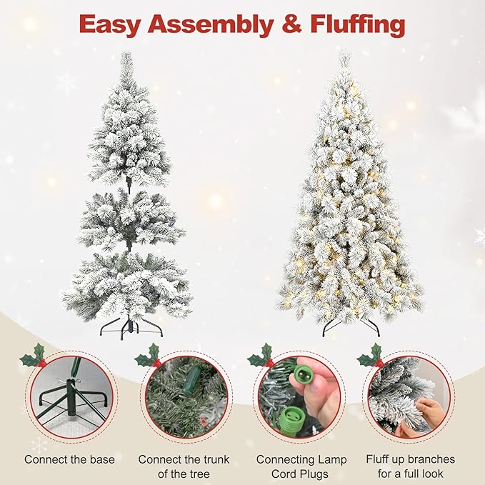 8 Ft Pre-Lit Snow Flocked Artificial Christmas Tree with 600 Warm LED Lights, Premium Holiday Xmas Tree with 1445 Realistic Branch Tips, Metal Stand for Indoor Home/Office Decor (Easy Assembly)