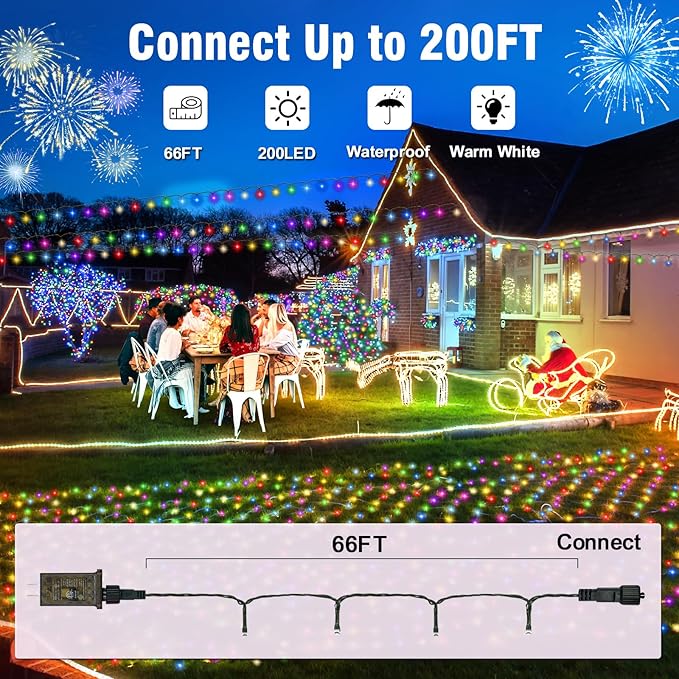 Nisocy 66FT 200 LED Multicolor Christmas String Lights with Green Wire, 8 Modes Plug in Fairy Lights, Waterproof Xmas Tree Lights for Indoor Outdoor Holiday Decorations, Party, Home, Patio