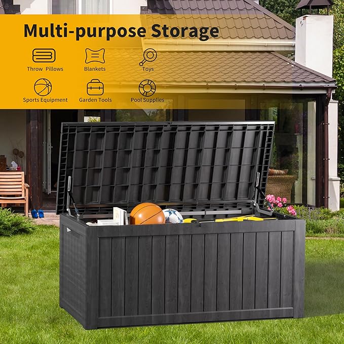 270 Gallon Deck Box, Resin Outdoor Indoor Waterproof Storage Box, Lockable Storage Box With Handle for Patio Furniture - Garden Tools (Black, 270 Gallon)