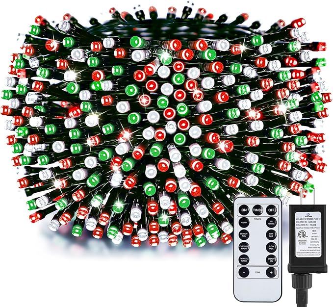Minetom Red Green White Christmas Lights, 66ft 200 LED Outdoor Christmas Tree Lights with Remote, 8 Modes String Lights Plug-in Mini Xmas Tree Lights with Timer for Outside Party Decor