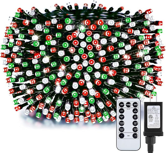 Minetom Red Green White Christmas Lights, 66ft 200 LED Outdoor Christmas Tree Lights with Remote, 8 Modes String Lights Plug-in Mini Xmas Tree Lights with Timer for Outside Party Decor
