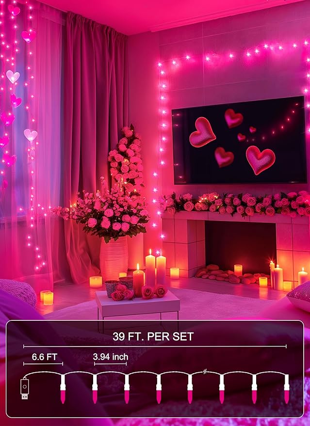 Minetom Valentines Decor Pink Lights, 39 Feet 100 LED Mini Valentines String Lights USB Operated, Waterproof Tree Lights Indoor for Home Bedroom Holiday Decorations