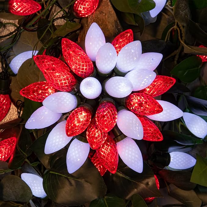 KAQ 2PK 100LED Red & Cool White C9 Christmas Lights Waterproof Indoor Outdoor, Extendable 98FT String Lights Plug in with 13 Lighting Modes, Christmas Decorations for Party Patio, Outside Yard Decor