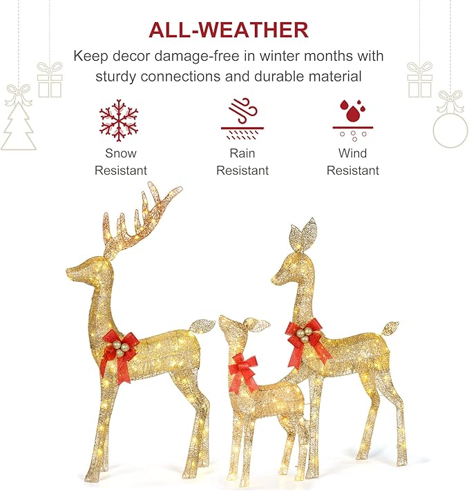 Lighted Christmas Decoration Deer 3 Piece, HOYECHI Light up Christmas Decor Reindeer Family Set for Indoor Outdoor Front Yard Porch with LED Lights, Plug, Ground Stakes - Gold