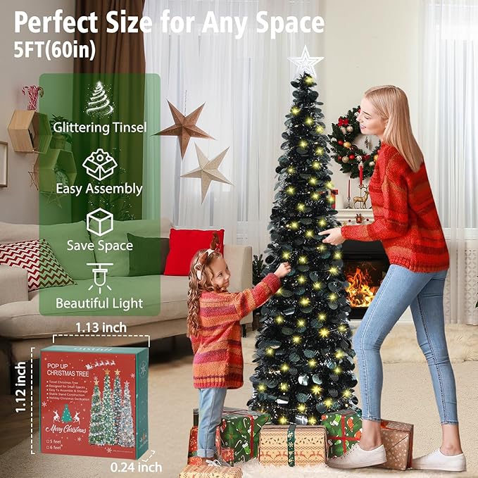 HMASYO 5 FT Pop Up Christmas Tree with Timer Lights, Black Christmas Tinsel Tree, Collapsible Artificial Pencil Christmas Tree for Indoor Home Apartment Porch Holiday Party Decorations