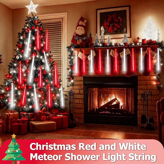 2-Pack Extendable Meteor Shower Christmas Lights Outdoor, 16 Tubes 384 LEDs Waterproof Falling Rain String Lights, Christmas String Lights Outdoor for Tree Garden Holiday Decorations (Red and White)