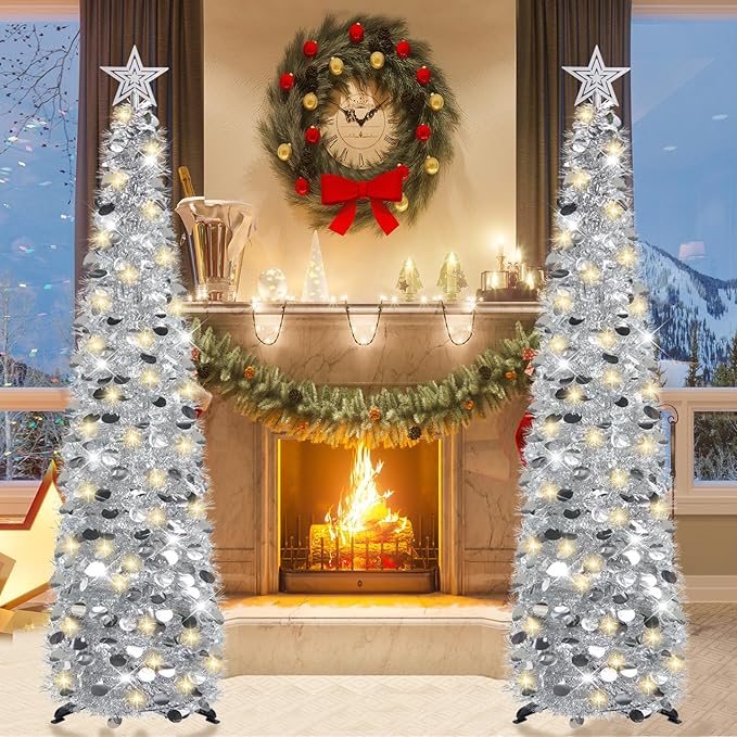 HMASYO 5 FT Pop Up Christmas Tree with Timer Lights, Silver Christmas Tinsel Tree, Collapsible Artificial Pencil Christmas Tree for Indoor Home Apartment Porch Holiday Party Decorations