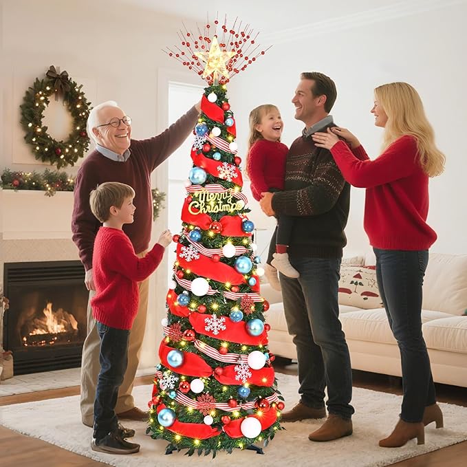 Dolicer 6FT Pop Up Artificial Christmas Tree with Lights & Remote, Collapsible Easy Christmas Tree with 200 Warm White & Colorful LED Lights, Foldable Xmas Tree for Small Space