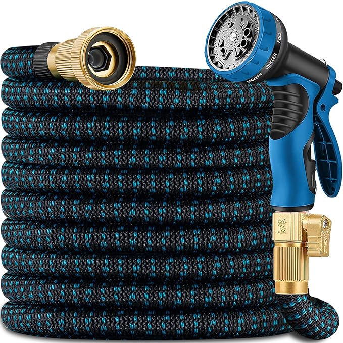 200ft Expandable Garden Hose w/10 Function Nozzle Sprayer, Lightweight Flexible Water Hose with Durable Collapsible Latex Core & Solid Brass Fittings, 200ft Retractable Stretch Hose(Black Blue)