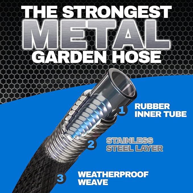 HYDROSTEEL 100 Ft Metal Garden Hose with Sprayer Nozzle, Indestructible 3-Layer Stainless Steel Heavy Duty Water Hose 100 Ft x 5/8 in. Kink Free Design Will Not Kink, Flexible, NON Expandable, 500 PSI