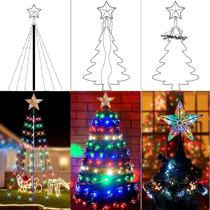 Dazzle Bright Christmas Tree Lights, 448 LED Waterfall Tree Topper Lights with Remote & 8 Lighting Modes, 8.2FT X 16 Lines Christmas Light for Outdoor Yard Party Xmas Trees Decoration (Multi-Colored)