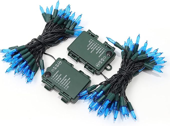 WATERGLIDE 2 Pack 50 LED Outdoor Christmas Lights, 16FT Battery Operated Mini String Lights with 8 Modes & Timer, Xmas Tree Lights Waterproof for Patio Garden Party Wedding Holiday Decor, Blue