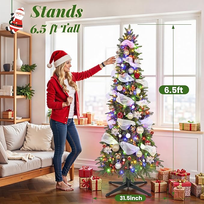6.5ft Prelit Rotating Artificial Pencil Slim Christmas Tree with Remote Timer & Dimmer, Multi-Color LED Lights, PE & PVC Branches for Holiday Decor