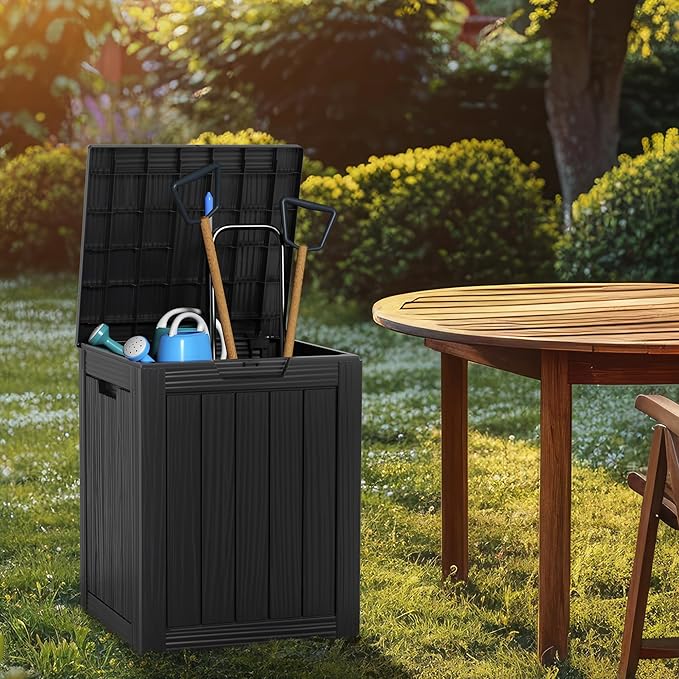 DRATO Deck Boxes, 28 Gallon Outdoor Storage Box for Patio Cushion, Garden Tools, Waterproof and UV Resistant, Lockable Black