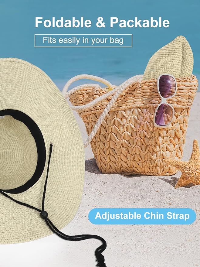 Senker Fashion Sun Hats for Women, Wind Lanyard Wide Brim Straw Hat for Summer Beach Garden Vacation Foldable UPF 50+