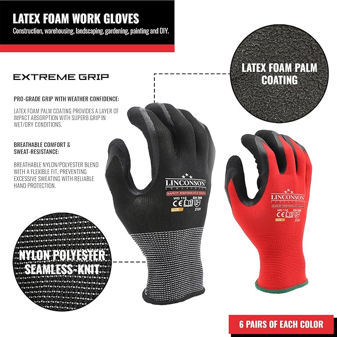 linconson 12 Pack Safety Performance Series Construction Mechanics Work Gloves