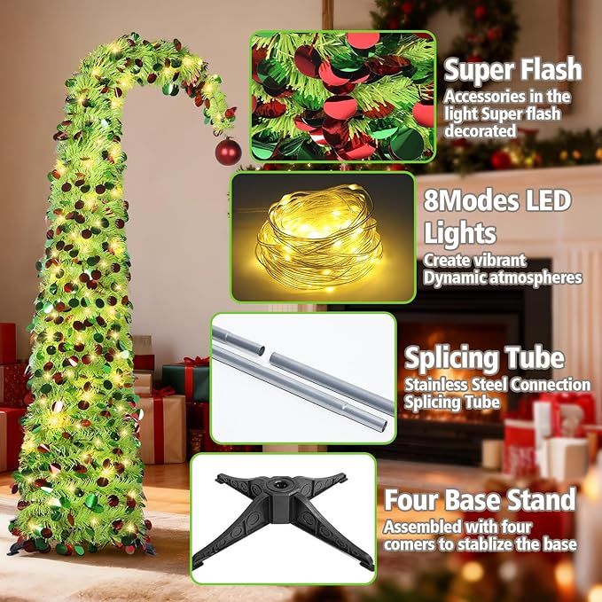 HMASYO 5 FT Whimsical Pop Up Christmas Tree with Timer Lights, Lime Green Christmas Tinsel Tree Collapsible Artificial Pencil Tree for Indoor Home Apartment Porch Holiday Party Decorations