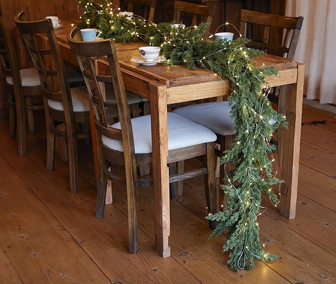 MISSPIN Christmas Garland with Lights, Real Touch Winter Cedar Pine Garland, Green Artificial Greenery Garland for Table, Mantle, Wall, Indoor, Outdoor Christmas Decorations