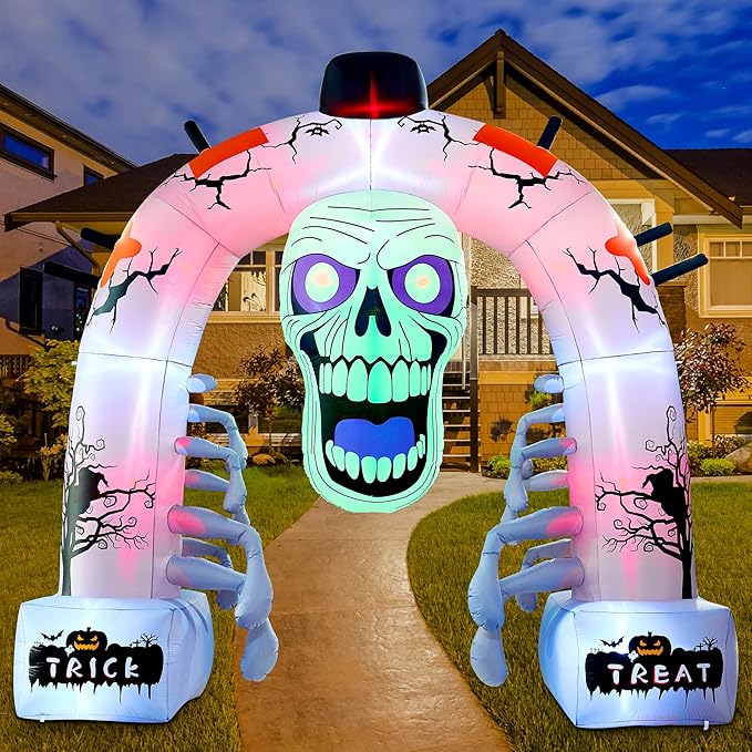 12 FT Halloween Inflatables, Scary Skeleton Archway Halloween Inflatable Outdoor Decoration, Build-in LEDs Spooky Blow Up Yard Halloween Arch for Decor Outside Holiday Party Garden Lawn