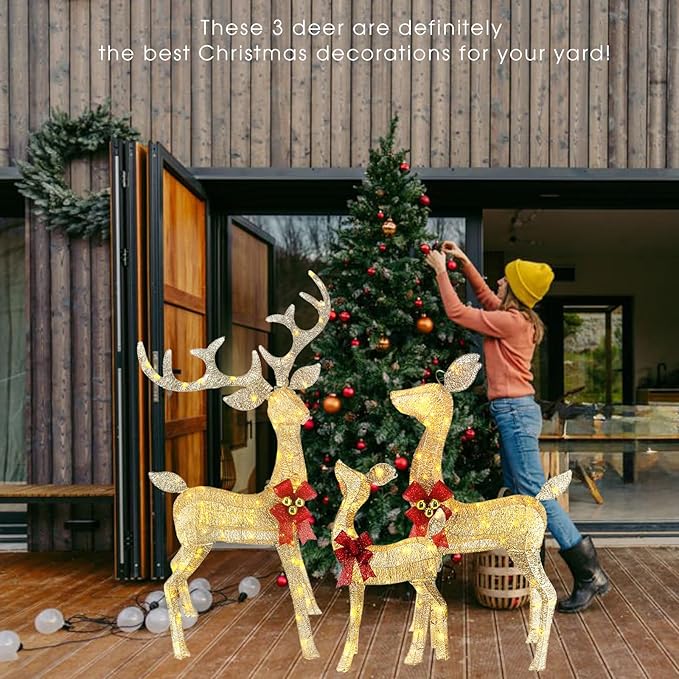 Light Up Christmas Reindeer Decor Set of 3 (4ft Tall) with 240 LED Lights, Ideal as Outdoor Christmas Decorations Yard Display or Indoor Home Decor, Features Sturdy Metal Frame and Ground Stakes