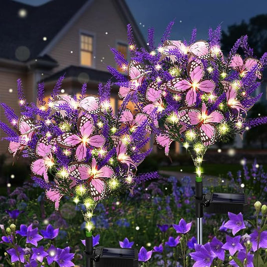Kohlrabi Solar Garden Lights Outdoor, 2 Pack Solar Butterfly Lights Purple Lavender Gardening Gifts for Women, Artificial Flower with Butterfly Purple Garden Decor for Lawn Patio-Warm White