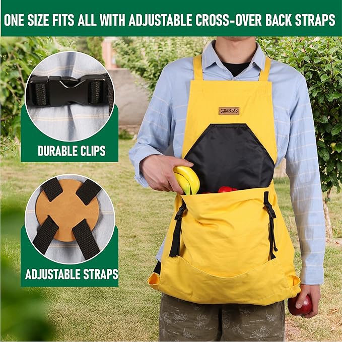 Grampa's Garden Apron - Cross Back Gardening Apron With Pockets For Women & Men | Harvest Apron with Large Kangaroo Pouch