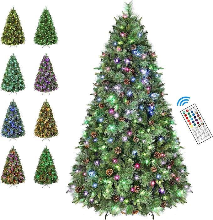 SHareconn 7.5ft Prelit Artificial Hinged Christmas Pine Tree with Remote Control, Upgraded Version with Pre-Lit 470 Led Color Changing RGB Lights, Pine Cones, Perfect Choice for Xmas Decoration, 7.5FT