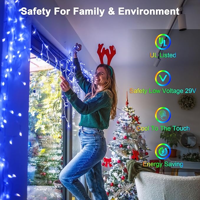 132FT LED Christmas Lights Outdoor with 280 Drops, Christmas Decorations Hanging Lights 980 LED 8 Modes, Outsite Fairy String Lights for Wedding Party Holiday Winter Wonderland Decorations Blue