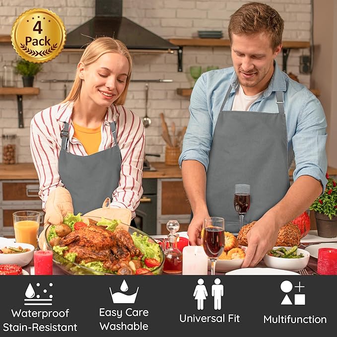 4 Packs Chef Apron, Waterproof Apron, Adjustable Aprons with 2 Pockets for Men Women, Professional Aprons for Kitchen Cooking Gardening Painting Baking Restaurant (Gray)