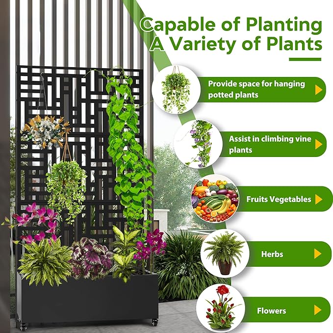 Metal Planter Box with Trellis,71”Raised Garden Bed with Trellis Privacy Screen and Drainage.Wheeled for Patio Flexibility,for Climbing Veggies/Flowers.DIY-Friendly Design