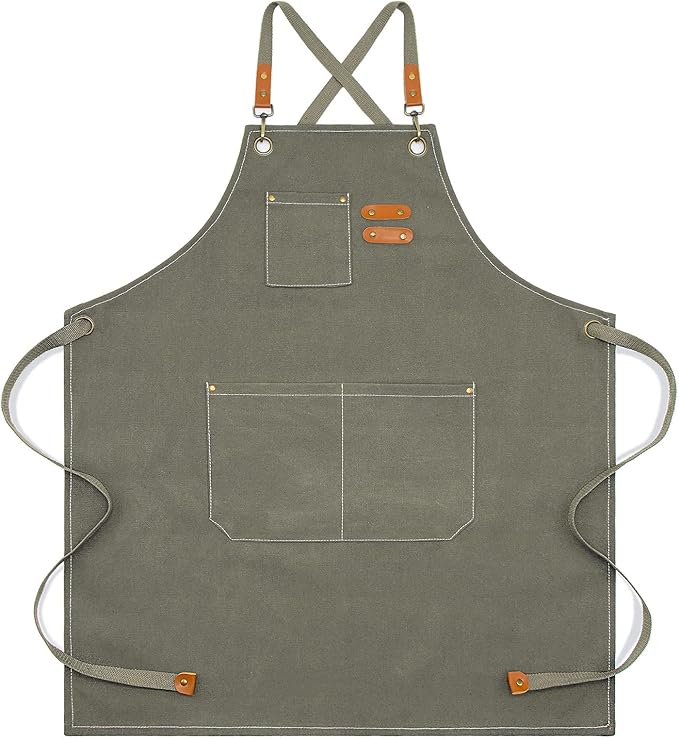Apron for Men Women with Pockets Cotton Canvas Cross Back Heavy Duty Adjustable Work Apron