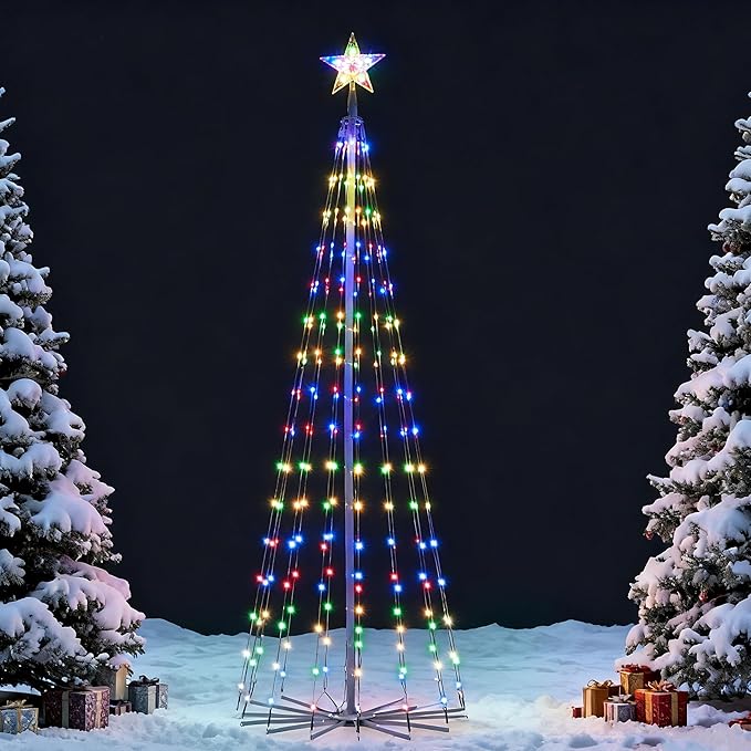 JOIEDOMI LED Christmas Cone Tree Lights, 6FT Outdoor Lighted Tree with 8 Lighting Modes & Star Topper, Christmas Decorations for Yard Porch Patio Garden Holiday Decor, Warm White