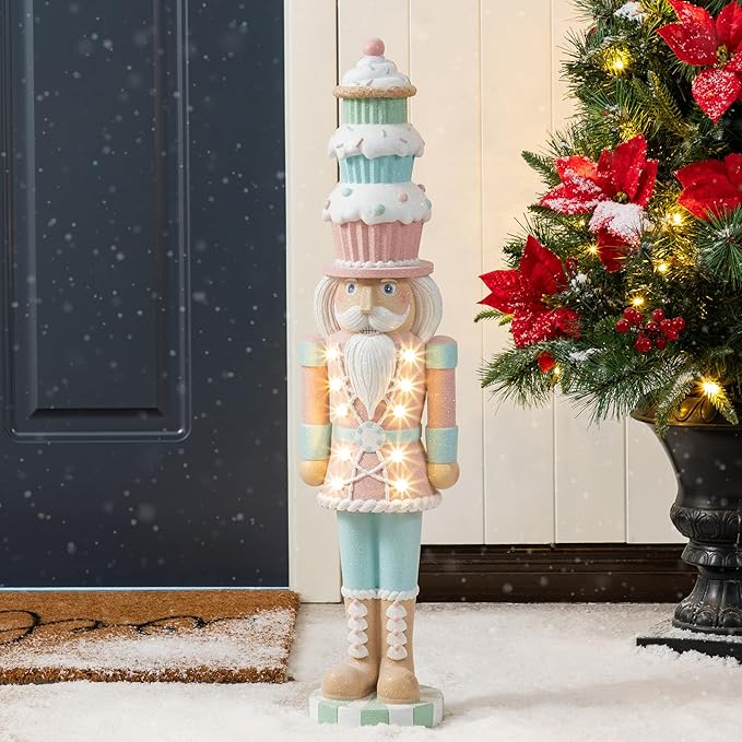 Glitzhome Christmas Front Porch Decor, Lighted Macaron Pink and Blue Resin Xmas Cupcake Nutcracker Porch Decor w/Timer for Indoor Outdoor Patio Standing Decor, 28" H