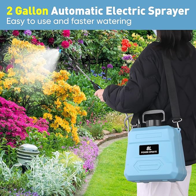 BlumWay Battery Powered Sprayer 2 Gallon,Powerful Electric Sprayer with 3 Mist Nozzles, Retractable Wand, Garden Water Spray with Adjustable Shoulder Strap for Lawn,Gardening