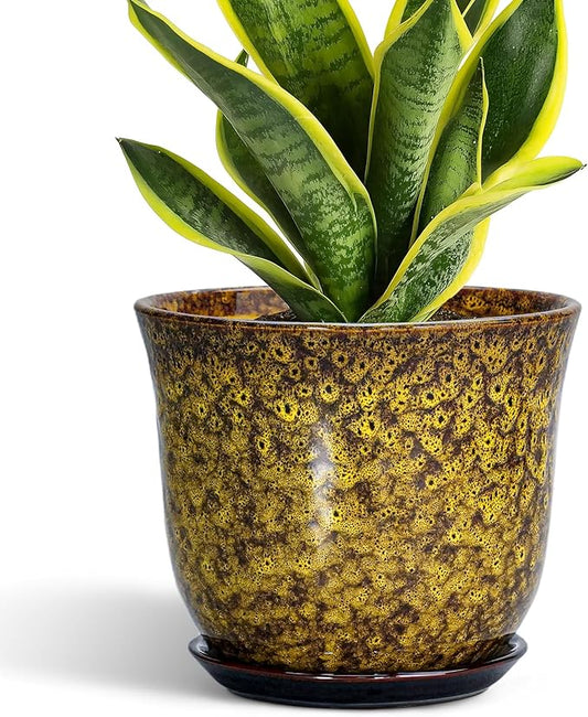 Ceramic Planter - 8 Inch Plant Pot for Indoor Outdoor, Round Flower Pots with Drainage Hole and Saucer, Modern Planter, Decorative Plant Pots, Home Office Decor, Gardening Gifts, Yellow